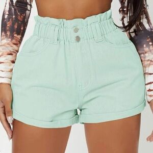 NWOT•SHEIN•mint paperbag waist roll up hem denim shorts size 29